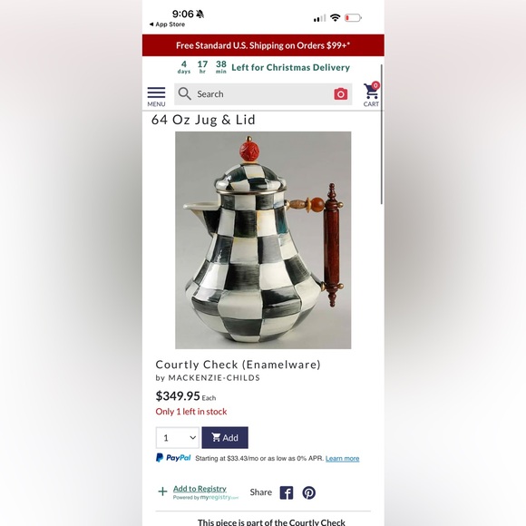 Mackenzie Childs RARE 64 oz Jug Courtly Check Black and White Teapot - Picture 7 of 10